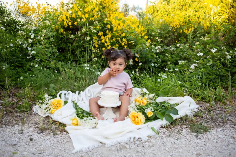 Bambina con la torta su una coperta nel prato