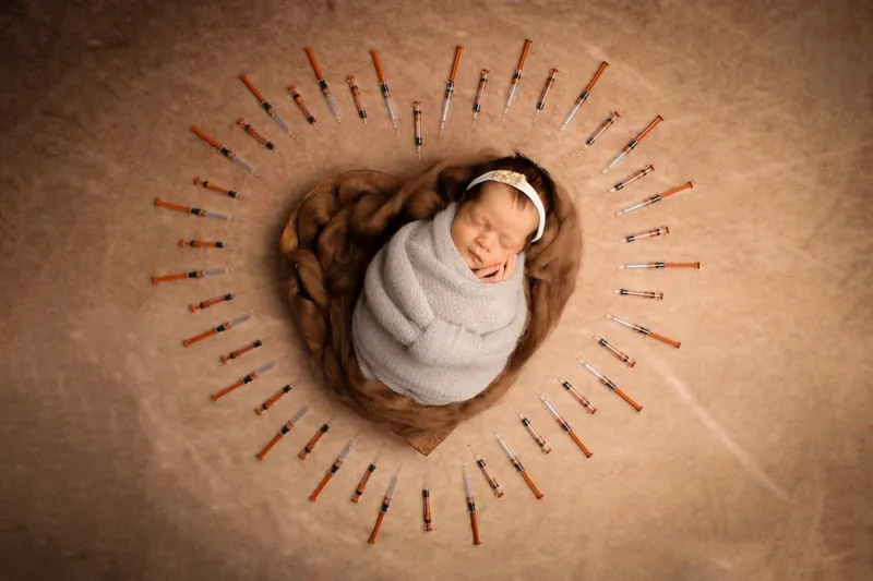 Neonata in un cesto a cuore circondata da siringhe